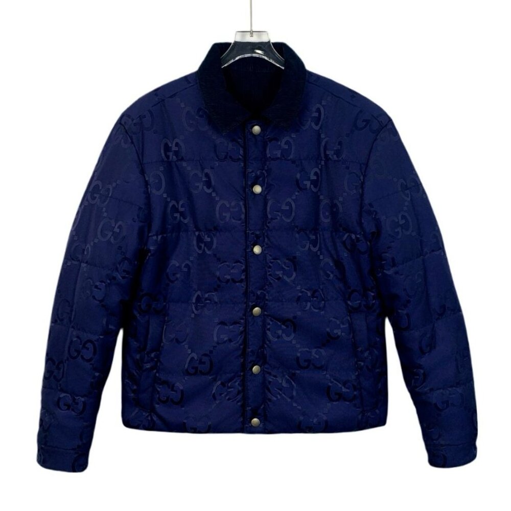 Gucci Reversible GG Logo Quilted Jacket Navy Corduroy Snap Button Closure Versat